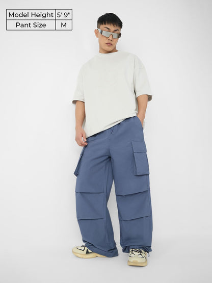 The Souled Store Solids: Prussian Blue Men and Boys Drawstringed Cotton Baggy Fit Parachute Pants