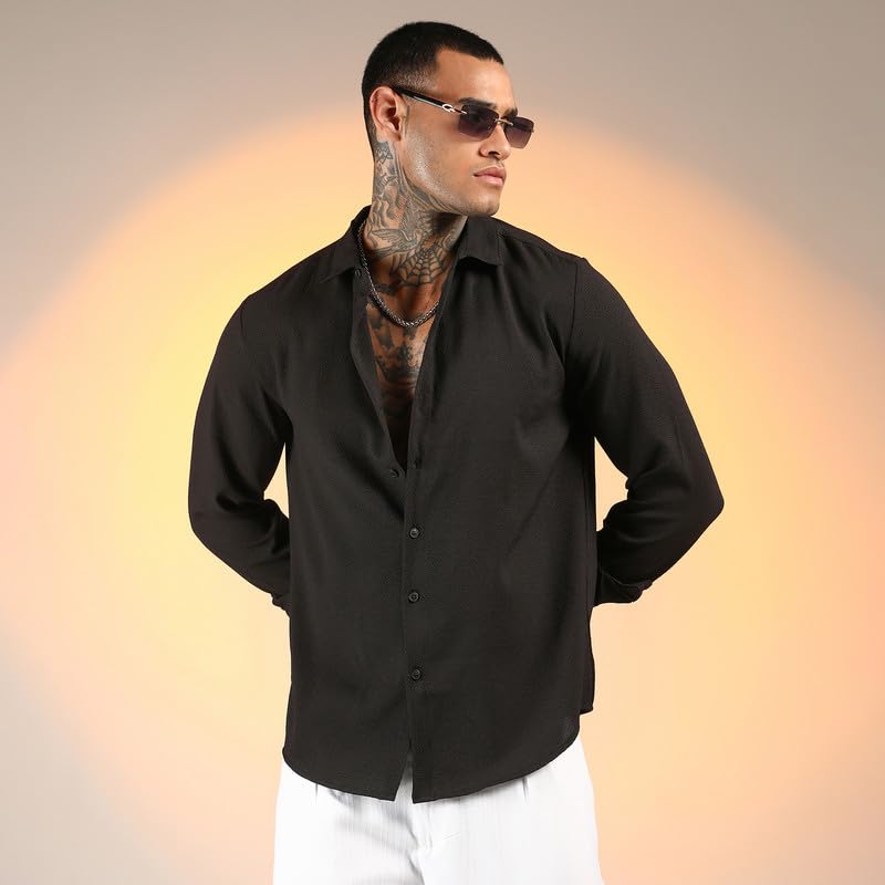 Campus Sutra Mens Midnight Black Solid Seersucker Shirt for Casual Wear | Spread Collar | Long Sleeve | Button Closure | Shirt