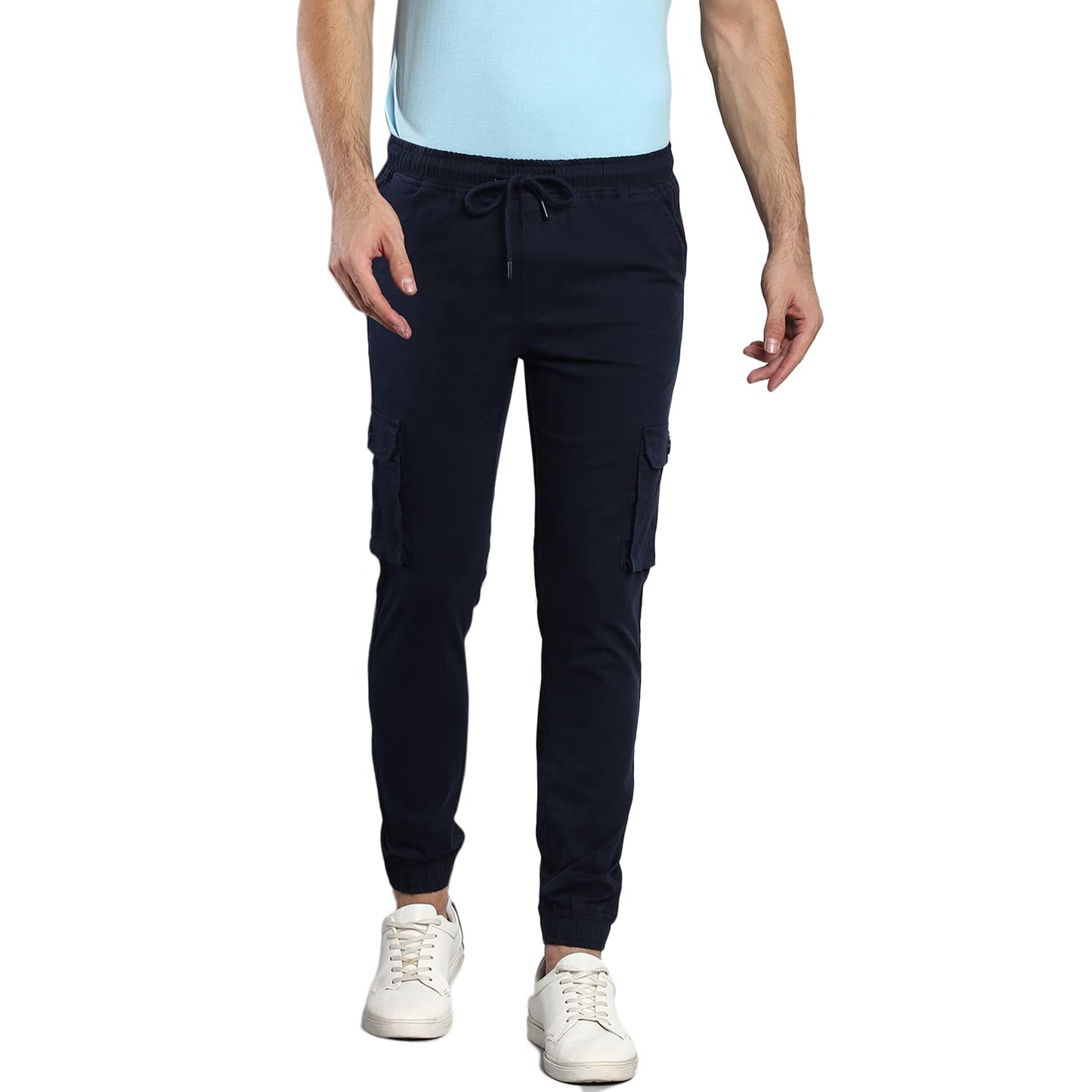 Dennis Lingo Solid Cotton Mens Casual Cargo Pant, Tapered Fit, Mid Rise, Ankle Length, Multi-Pocket Drawstring Stretchable Carg