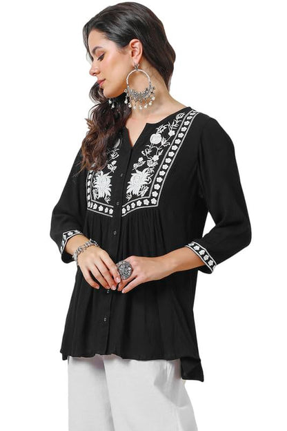 Soch Womens Black Rayon Crepe Embroidered Tunic with Thread Work