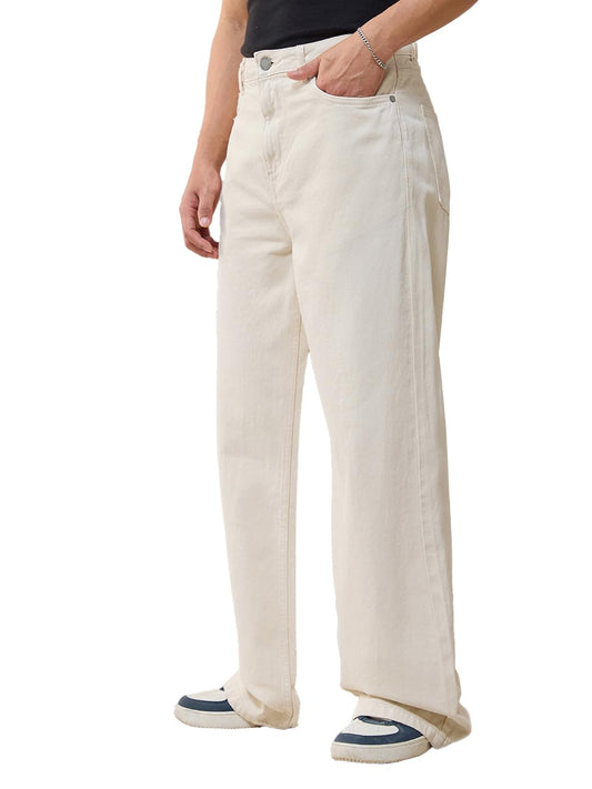 Bewakoof Mens Solid Wide Leg Cotton High Rise Jeans_624676_Beige_30