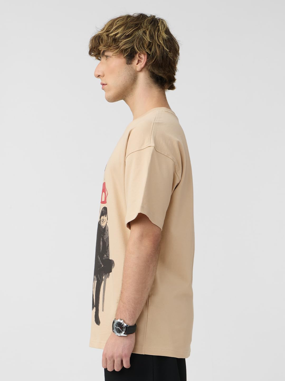 The Souled Store The Beatles: Anthology Men and Boys Short Sleeves Round Neck Beige Graphic Printed Cotton Oversized T-Shirts