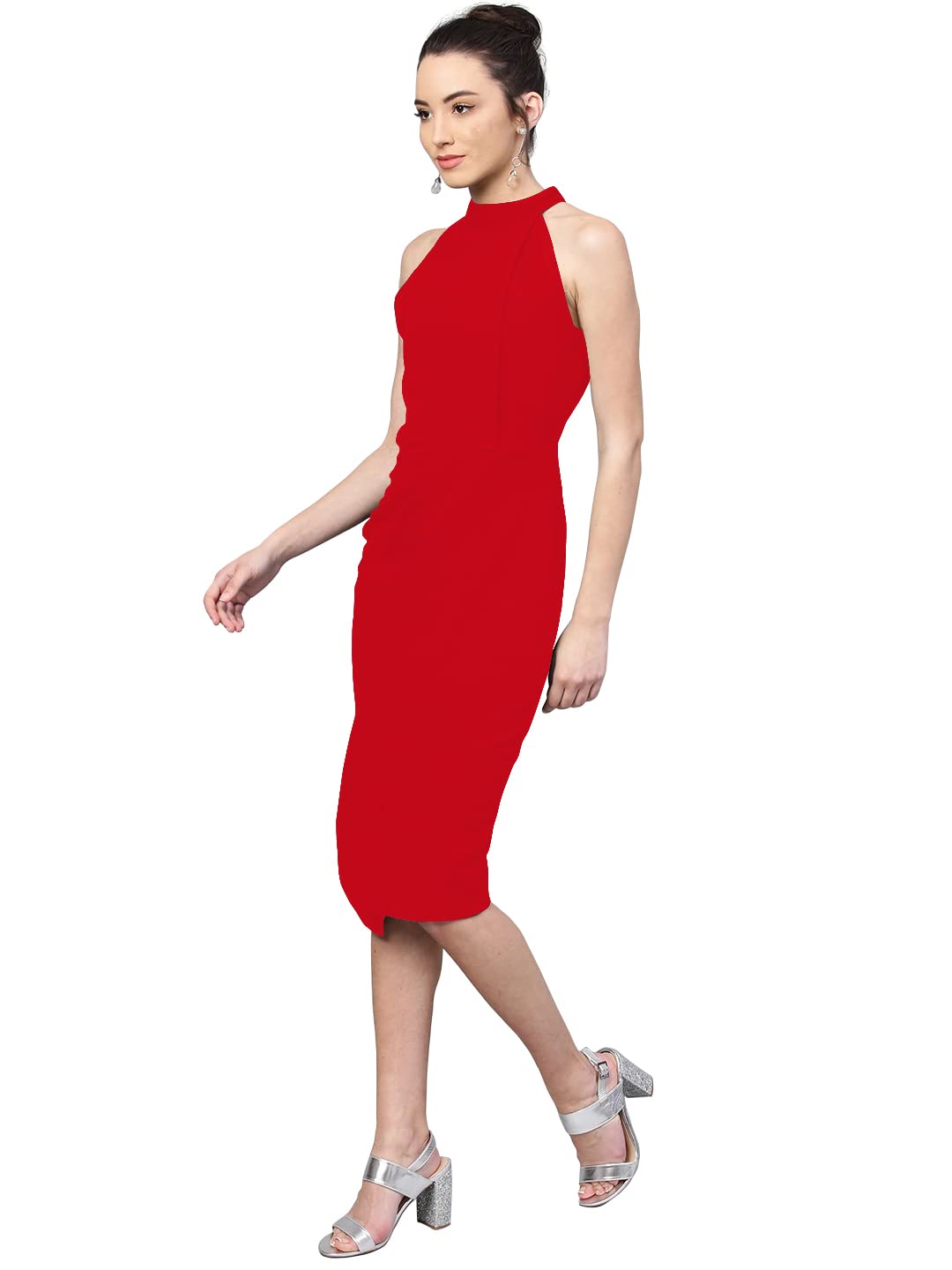 Shasmi Polyester Blend Bodycon Knee-Length WomenS Elegant Halter Neck Pleated Flounce Sleeveless Midi Dress (Dresses For Tops_R