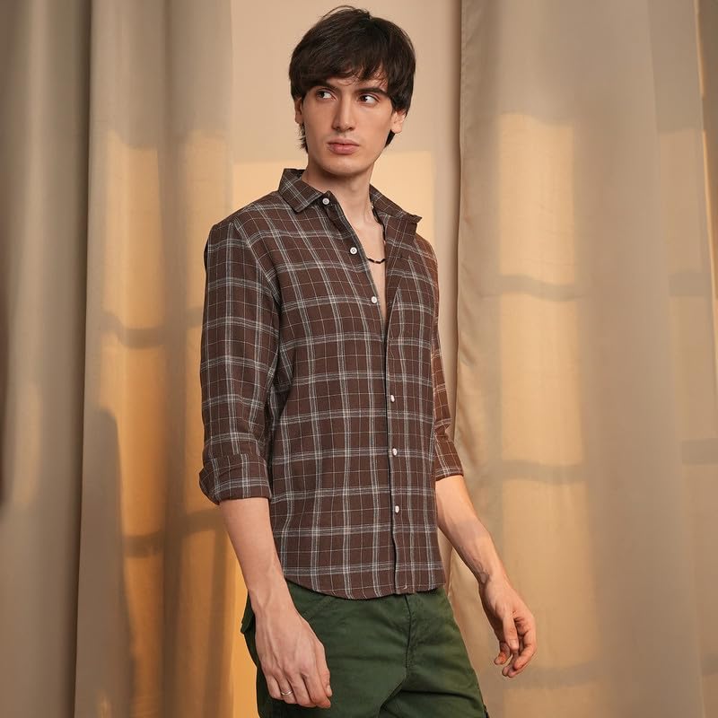 Campus Sutra Mens Chocolate Brown Tartan Plaid Shirt | Casual Wear | Spread Collar | Long Sleeve | Button Closure | Shirt Craft