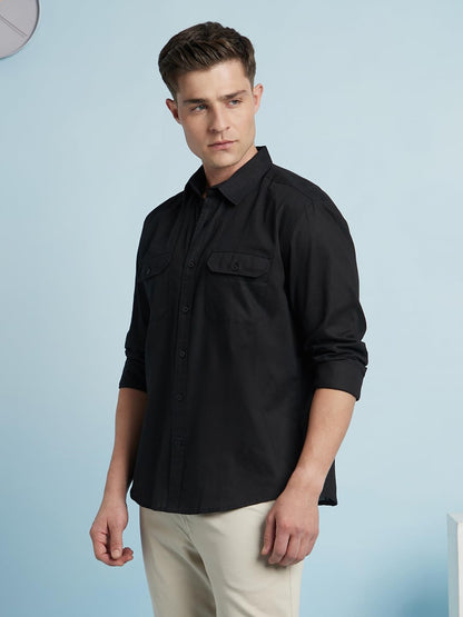 Dennis Lingo Men Linen Blend Regular Fit Solid Shirts Black