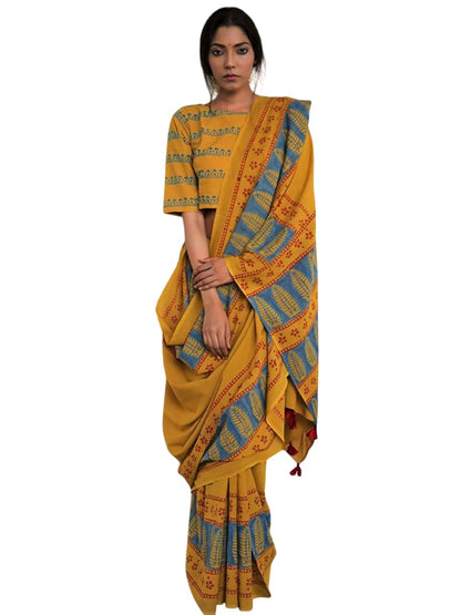Jaanvi fashion Womens Hand Block Print Mul Cotton Saree with Blouse Piece (sunshine-bloom-yellow)