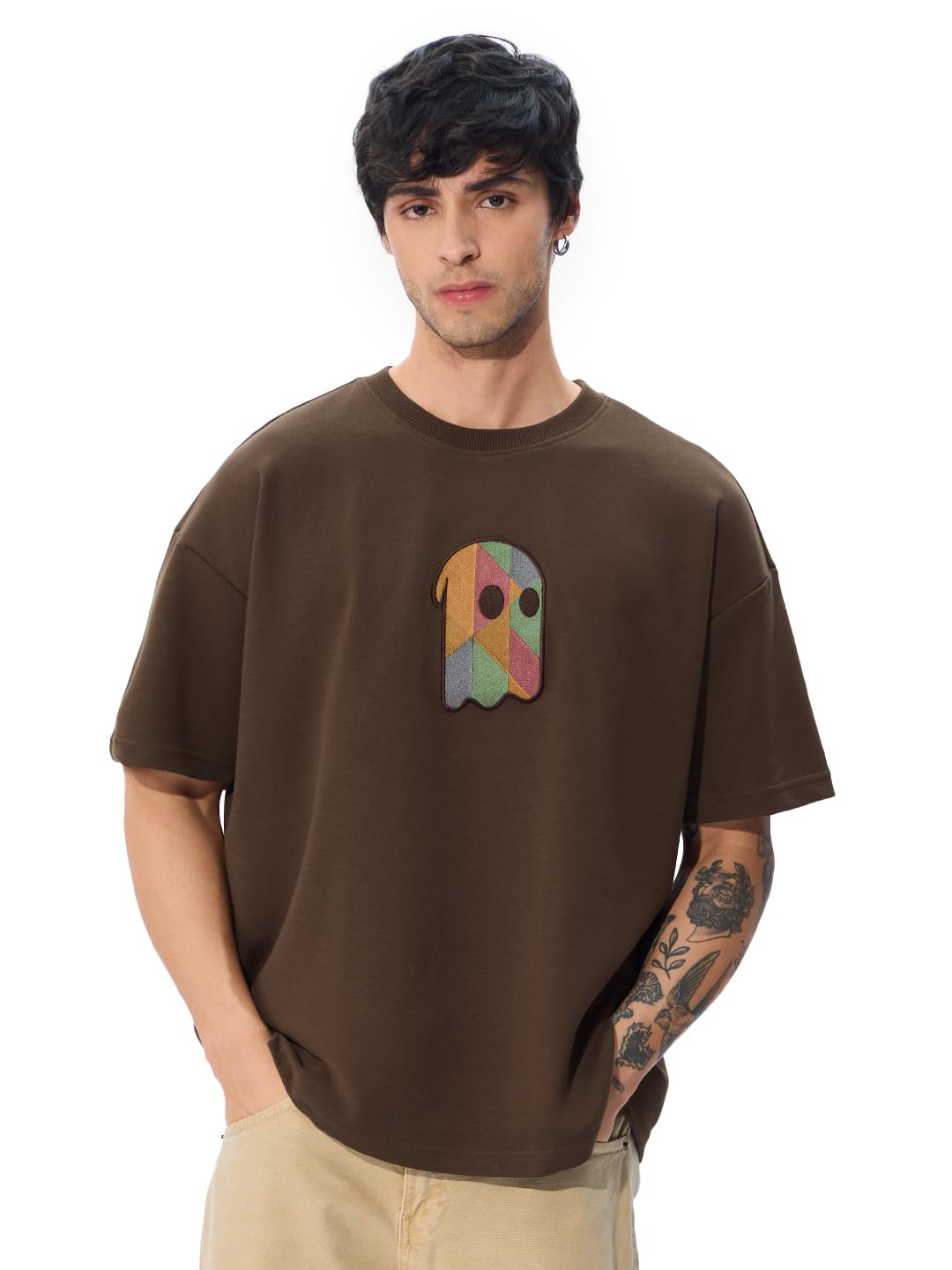 The Souled Store Fushion Brown Oversized T-Shirt for Men Boys Cotton Casual Half Sleeves Baggy Loose Fit Drop Shoulder Round Nec