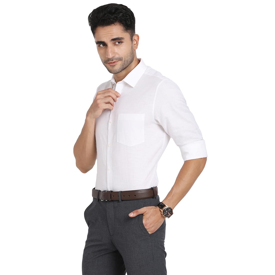 Turtle Men Cotton Linen White Solid Slim Fit Full Sleeve Formal Shirt