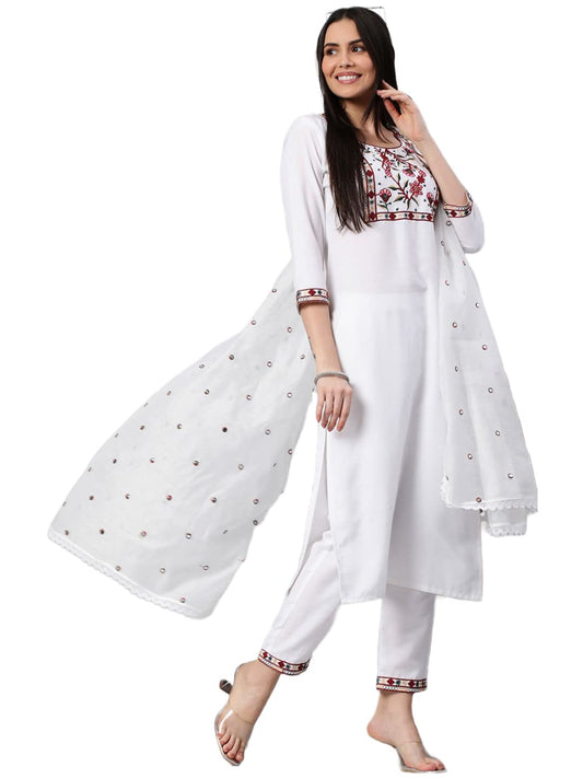 ANNI DESIGNER Women's Cotton Blend Solid Straight Kurta with Pant & Dupatta (SAWET-White)