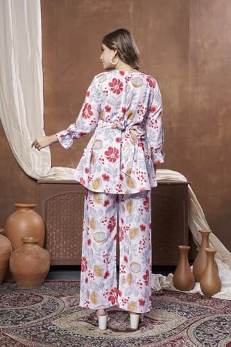Leriya Fashion Women Ethnic Kurta Set | Rayon Co-Ord Set | Fancy Pajama Set | Pack of 2 | Floral Printed Top & Pant Set | Full Pair Set | A-line Kurta Set for Women |