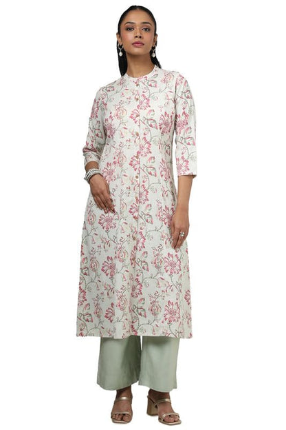 Soch Womens Beige Linen Floral Print Kurta