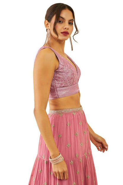 Soch Womens Onion Pink Net Sequin Embellished V-Neck Back-Open Sleeveless Blouse