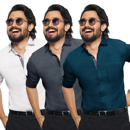 Pinkmint Shirt for Men ll Cotton Blend Casual Shirt ll Long Sleeve Formal Mens Shirt ll Regular Fir Shirt (Pack of 3)