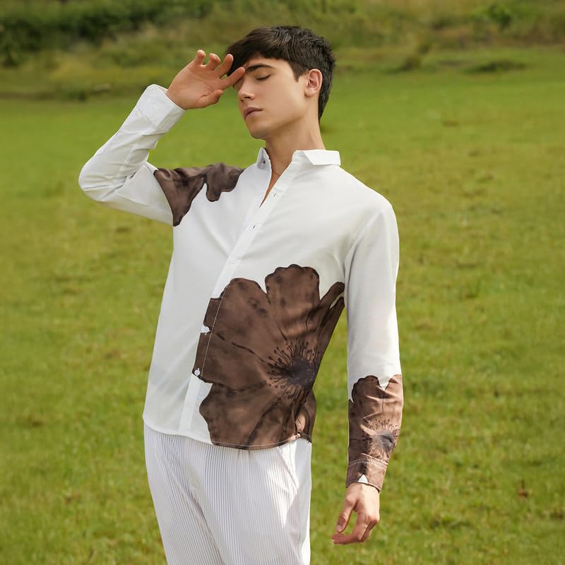 Campus Sutra Mens Ash Brown Primrose Flora Shirt for Casual Wear | Spread Collar | Long Cuffed Sleeves | Button Closure | Shirt