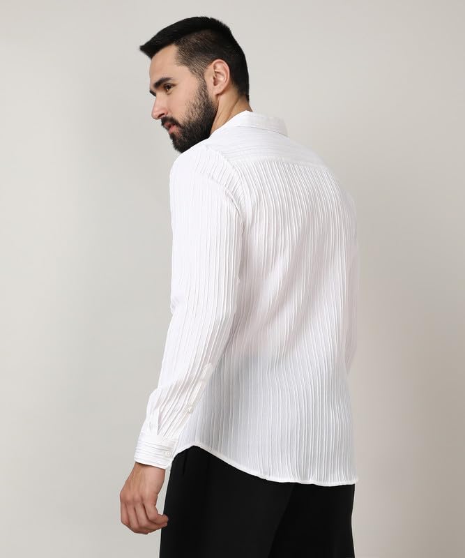 Campus Sutra Mens Chalk White Self-Design Striped Shirt for Casual Wear | Spread Collar | Long Sleeve | Button Closure | Shirt