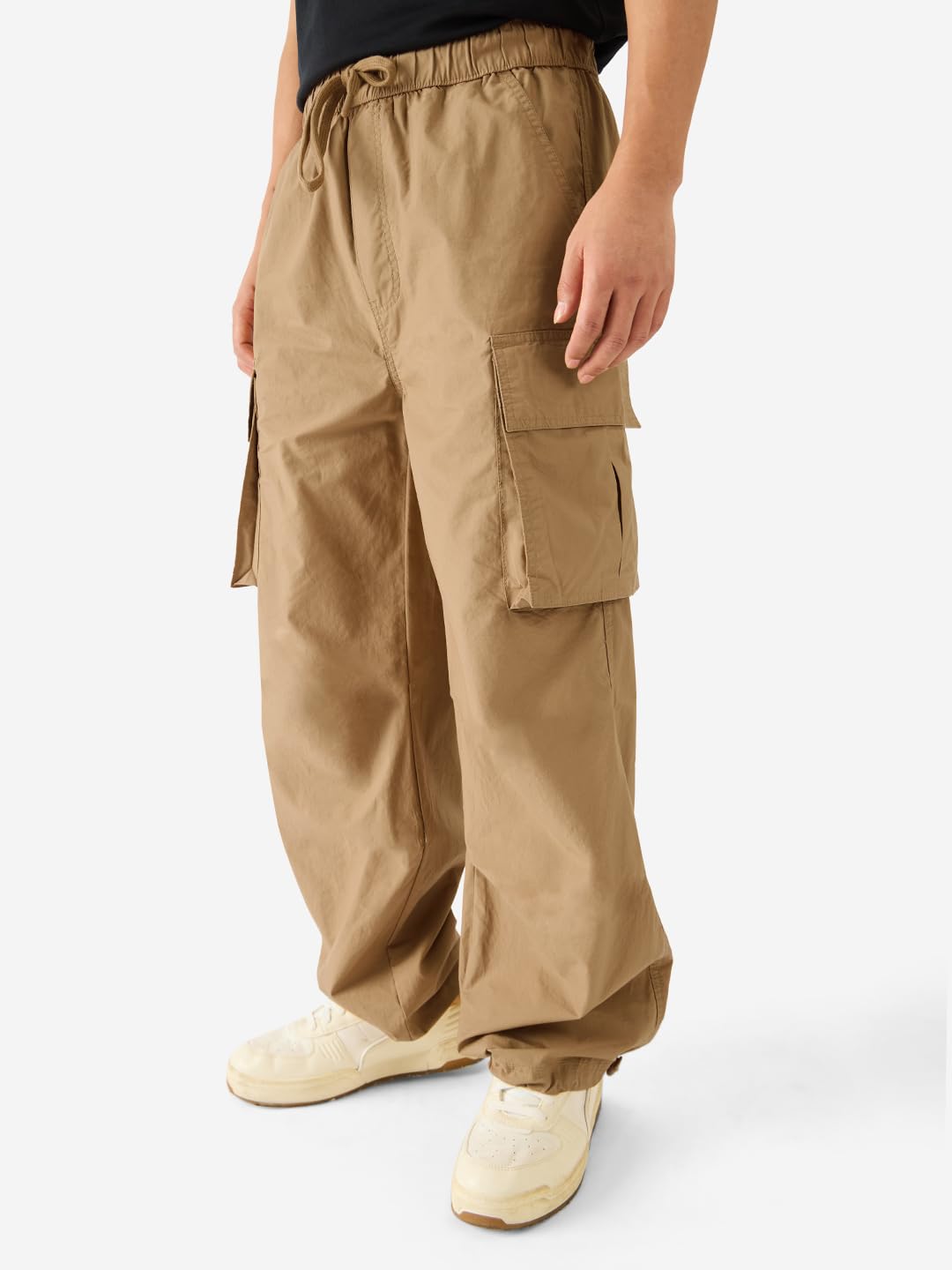 The Souled Store Parachute Pants: Tan Brown Men and Boys Elasticated Toggles Leg Closure Mid Rise Cotton Pants