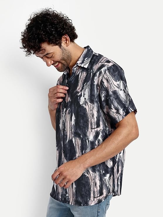 Greciilooks Geometric For Casual Stylish Printed Regular Fit | Men Formal Half Sleeve Shirt (Gl-Ms-6059_Black