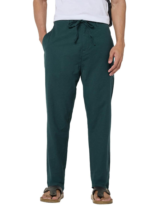 Bewakoof Mens Solid Regular Fit Cotton Linen Blend Casual Pants_684294_Green_30