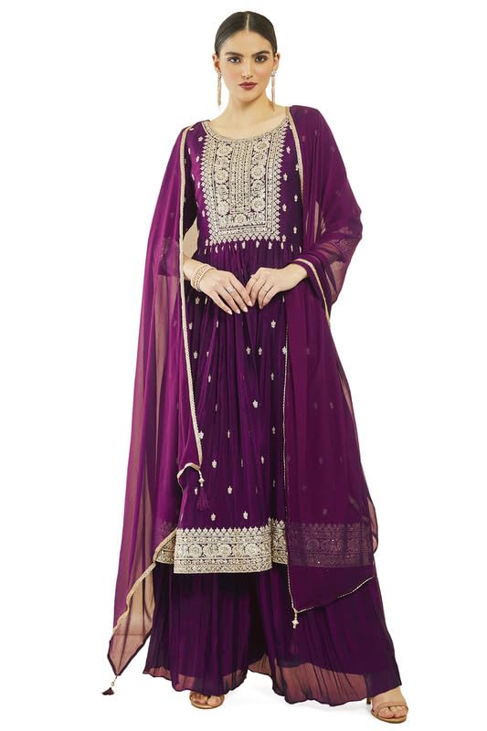 Soch Womens Wine Georgette Floral Embroidered Suit Set With Dupatta