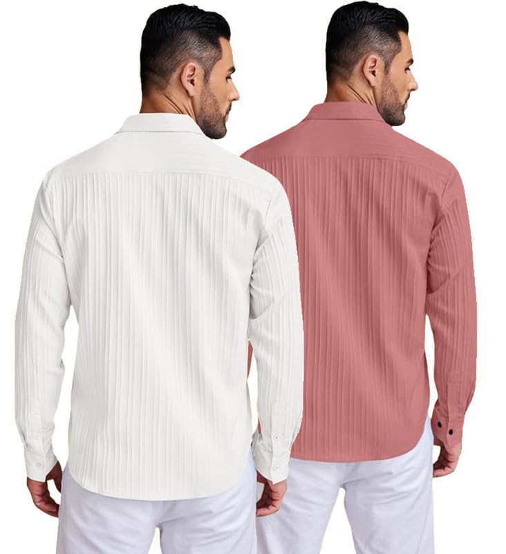 Deelmo Combo Of MenS Casual Button Down Shirts Long Sleeve Linen Shirt Fashion Textured Summer Shirts Pack Of 2