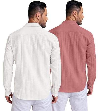 Deelmo Combo Of MenS Casual Button Down Shirts Long Sleeve Linen Shirt Fashion Textured Summer Shirts Pack Of 2