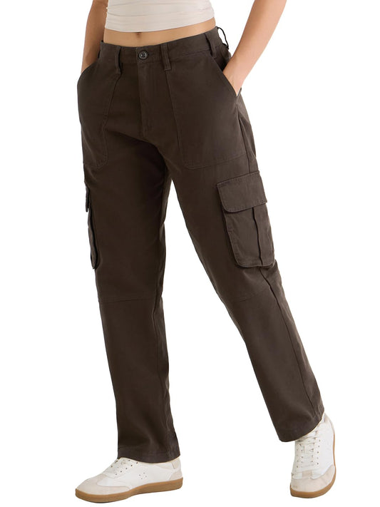 Bewakoof Womens Solid Regular Fit Cotton Blend Cargo Casual Pants_620015_Brown_26