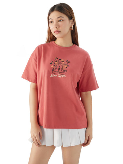 The Souled Store Slow Women and Girls Short Sleeves Round Neck Pink Embroidered Cotton Oversized T-Shirts