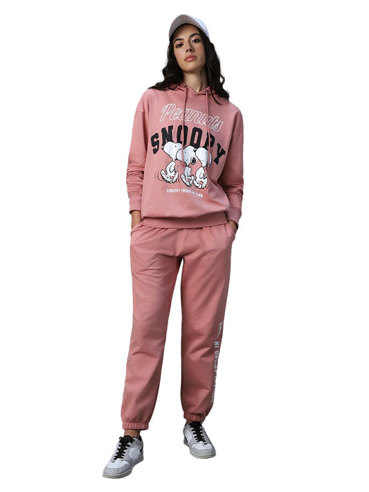 Bewakoof Official Peanuts Merchandise Womens Graphic Printed Regular Fit Terry Co-ordinates_ 620003 Pink XL