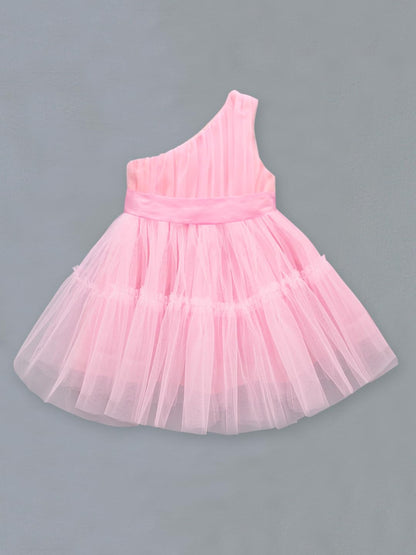 A.T.U.N. Girls Solid One Shoulder Bow Fit & Flare Dress Pink