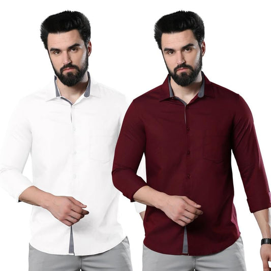 Pinkmint Combo of Men Casual Cotton Blend Full Sleeves Formal Regular Slim Fit Plain Office Shirts White-Maroon
