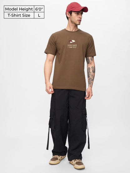 The Souled Store Fly Men and Boys Short Sleeves Round Neck Brown Embroidered Regular Fit Cotton T-Shirts