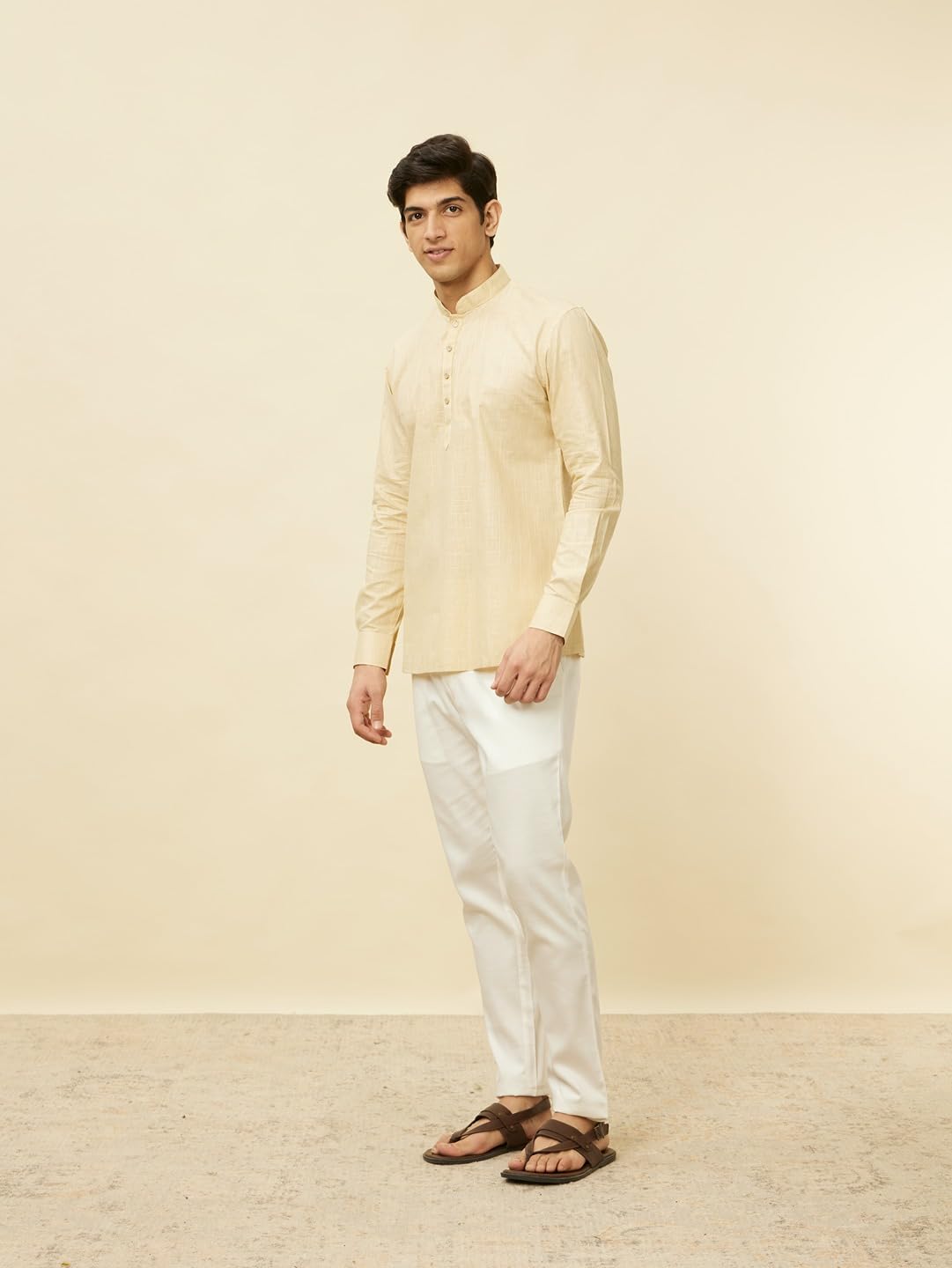 Manyavar Mens Beige Cotton Solid Short Kurtas