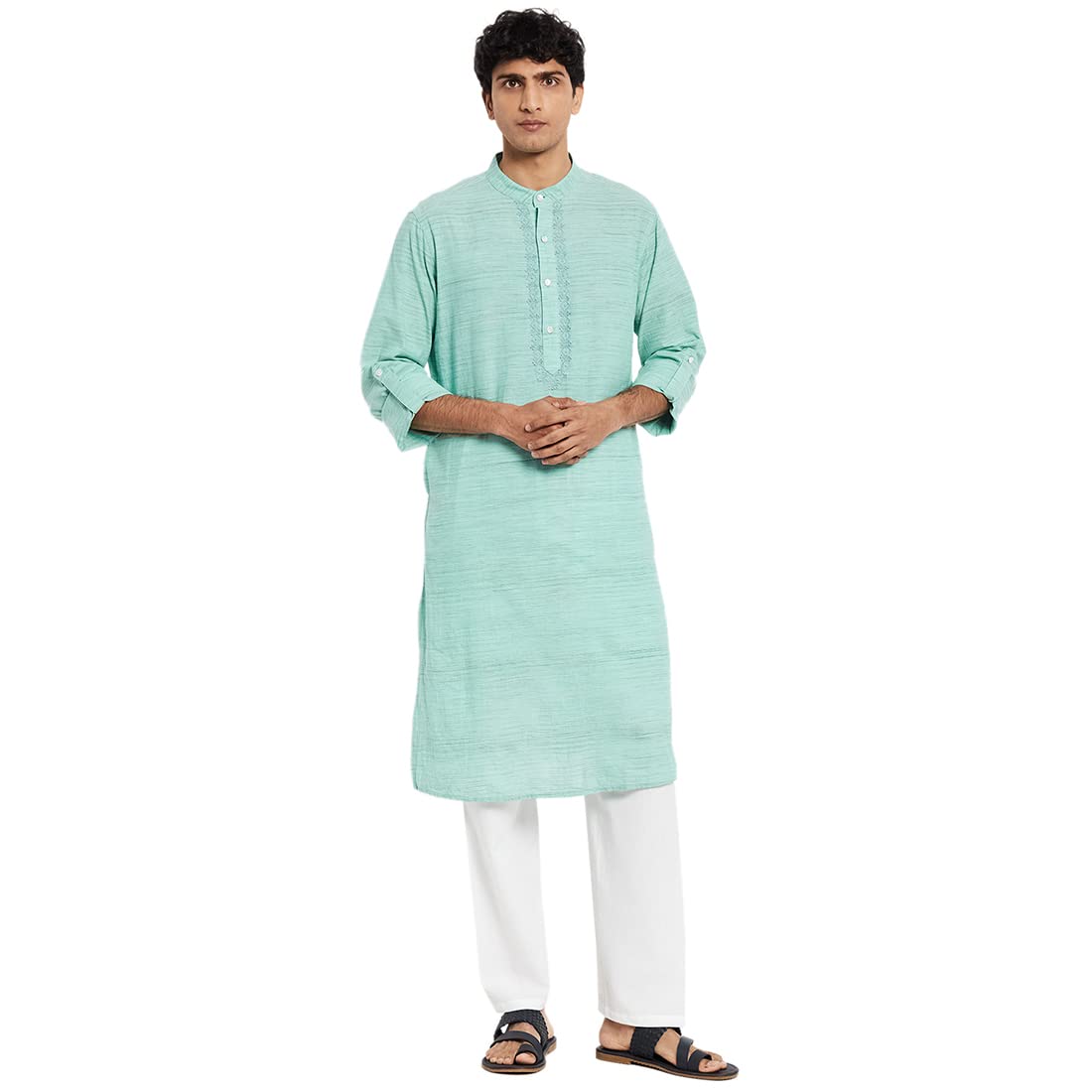 Fabindia Men's Green Cotton Embroidered Slim Fit Long Kurta