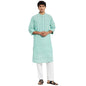Fabindia Men's Green Cotton Embroidered Slim Fit Long Kurta