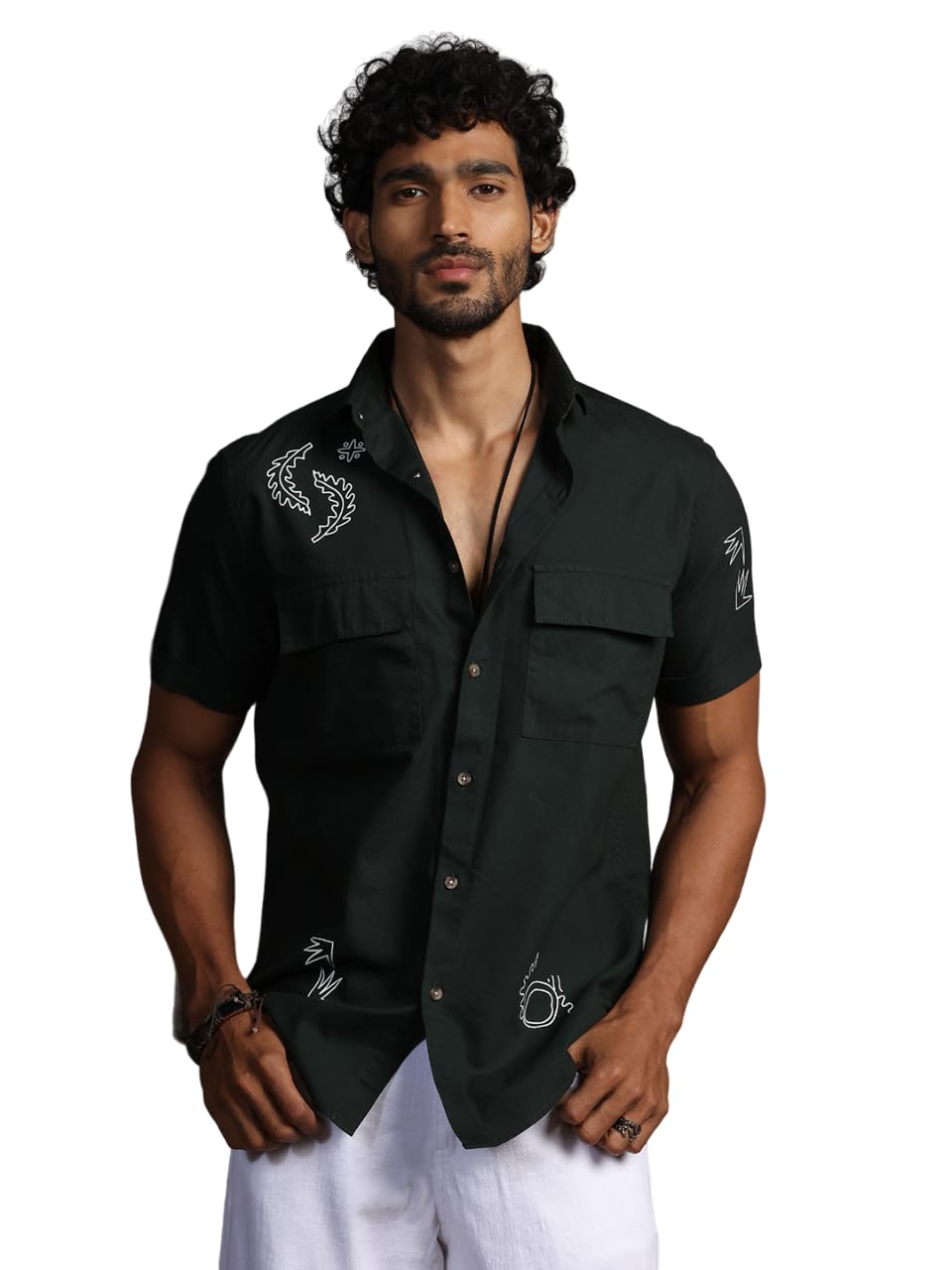 Thomas Scott Short Sleeve Double Pockets Self Printed Casual Shirts for Mens Green