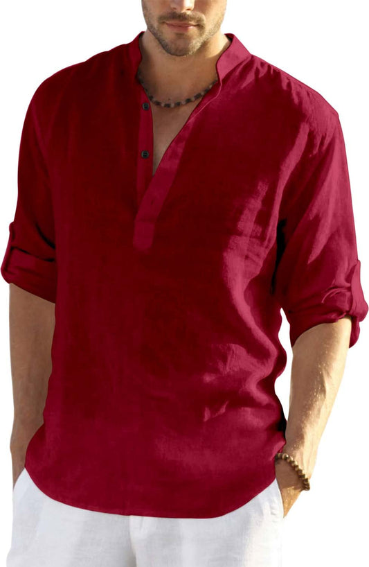 Hemrin MenS Cotton Blend Full Sleeve Short Kurta Shirt With Mandarin Collar Maroon