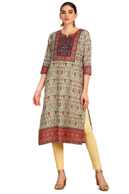 Soch Womens Green Ethnic Motifs Print Muslin Blend Kurta