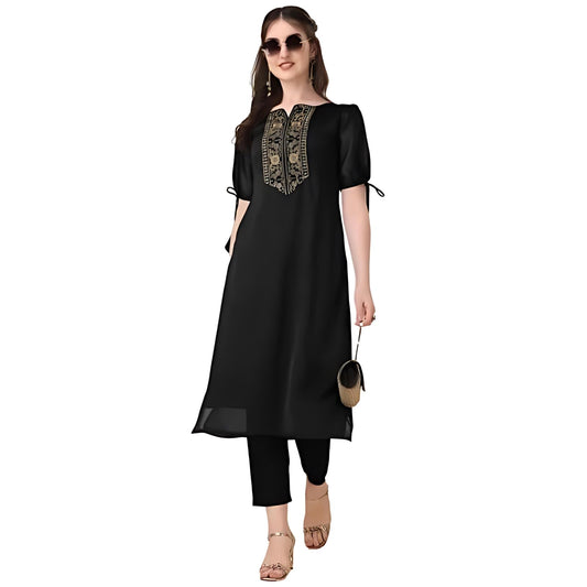 Goroly WomenS Silk Blended Solid Embroidered Pattern Straight Cut Kurta Pant With Puff Sleeve V-Neck Ankle Length And A-Line St