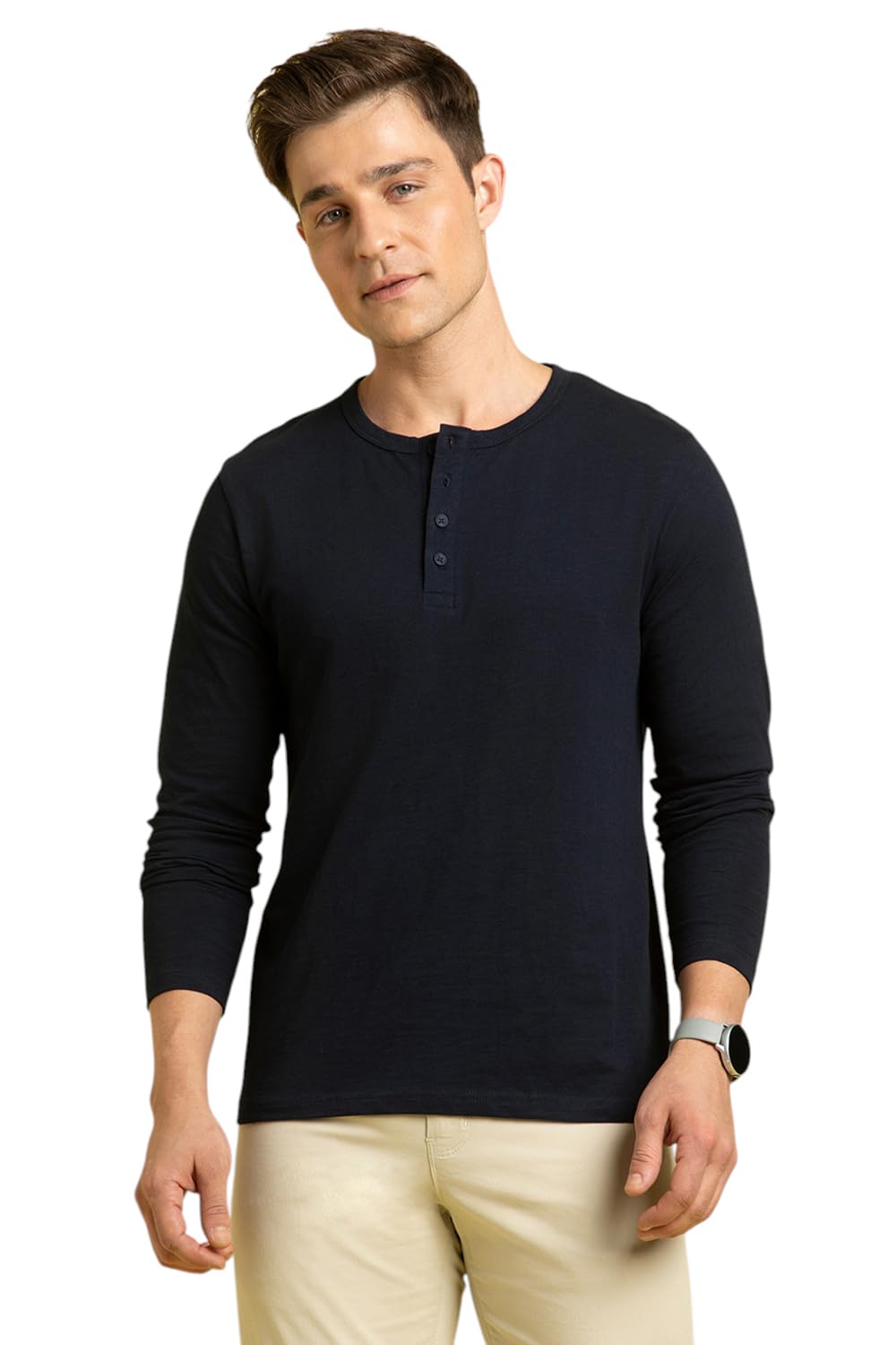 Dennis Lingo Men Cotton Nevy Blueslub Regular Fit Solid T-Shirts