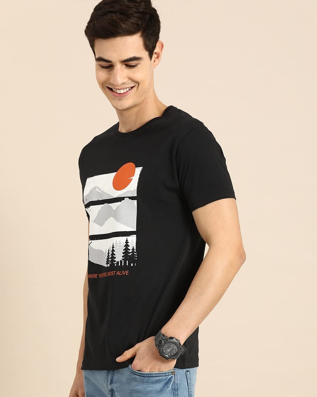 Bewakoof Mens Feel Most Alive Printed 100% Cotton T-Shirt - Regular Fit, Round Neck, Half Sleeves Black