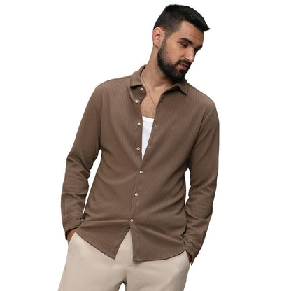 Campus Sutra Mens Tan Brown Stripe-Creased Shirt for Casual Wear | Spread Collar | Long Sleeves | Button Closure | Shirt Crafte