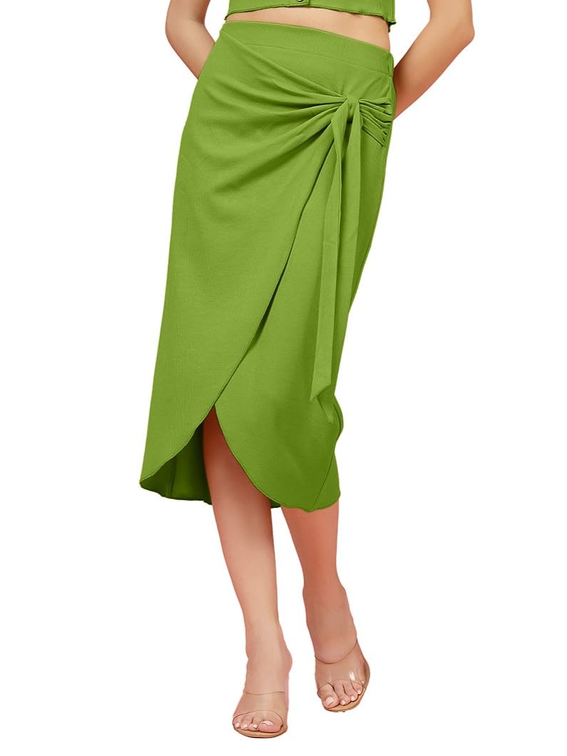 OOMPH! Stertchable Ribbed Wraparound Lycra Skirt for Women Green - msk093