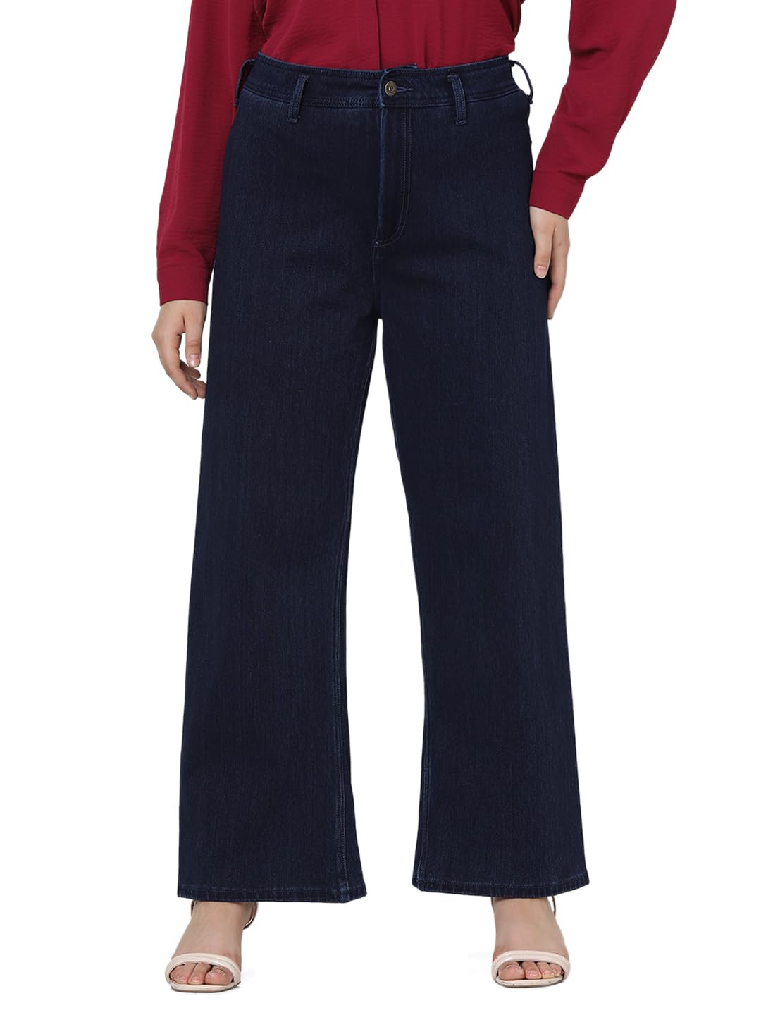 Vero Moda Curve Women Solid Dark Blue Cotton Wide Leg High Rise Jeans