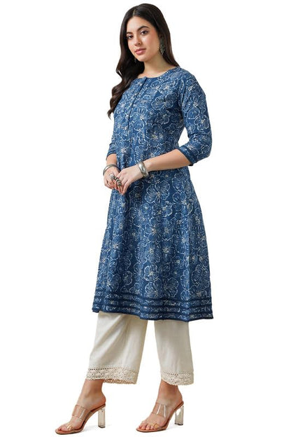 Soch Womens Blue Cotton Slub Botanical Print Panelled Kurta
