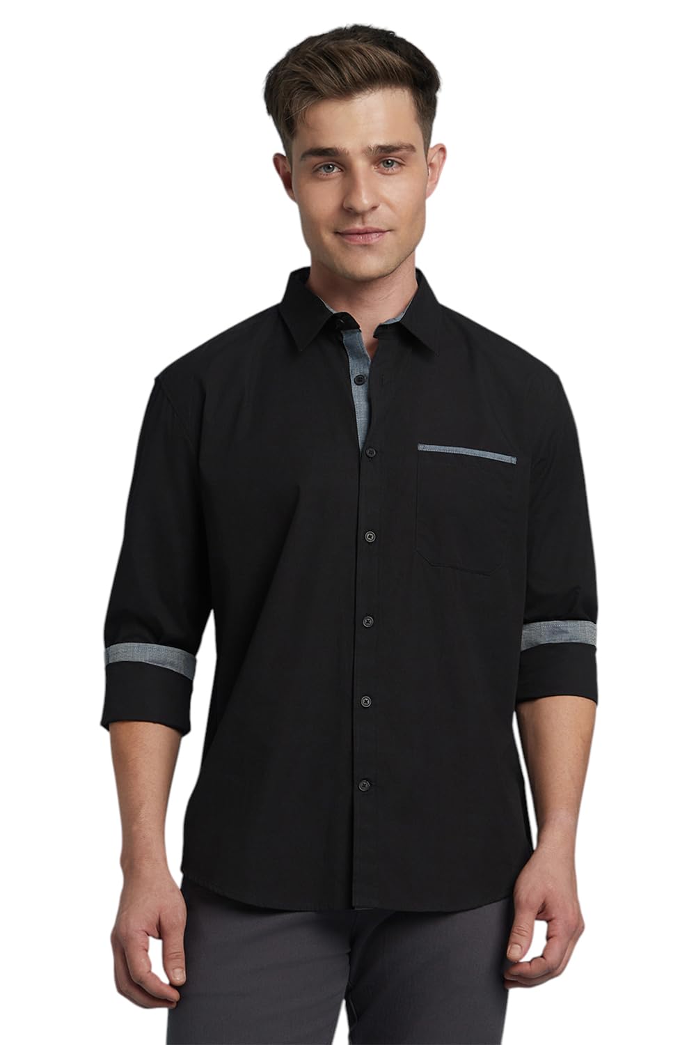 Dennis Lingo Men Solid 100% Cotton Regular Fit Full Sleeves Spread Collar Shirts Black