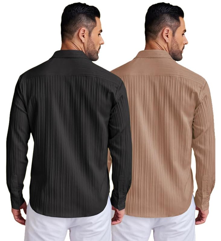 Deelmo Combo Of MenS Casual Button Down Shirts Long Sleeve Linen Shirt Fashion Textured Summer Shirts Pack Of 2