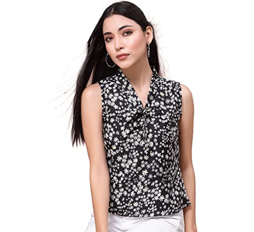 OOMPH! Womens Crepe Printed top with Tie Neck and Sleeveless