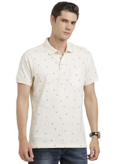 Turtle Men Knitted Cream Half Sleeve Casual Printed Polo Tshirt