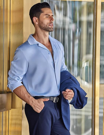 CB-COLEBROOK Men Luxury Satin Silk Dress Shirt - Long Sleeve, Satin, Shiny Button Down, Prom, Wedding Party Shirt (in, Alpha, L,
