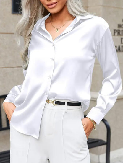 CB-COLEBROOK Womens Soft Satin Silk Button Down Shirts for Women Silky Long Sleeve Work Shirt Dress Blouses Tops (in, Alpha, S,